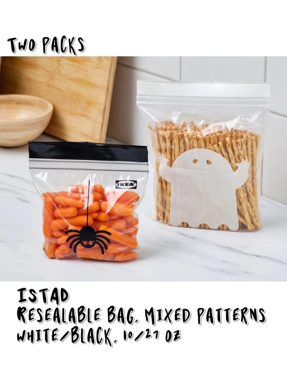 Halloween ISTAD Resealable Snack Bags, White and Black (2-Pack)